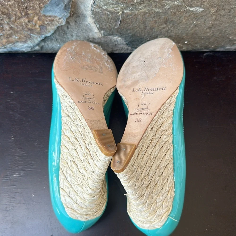 L.K. Bennett London Teal Patent Leather Woven Jute Wedge Heels – Size 38